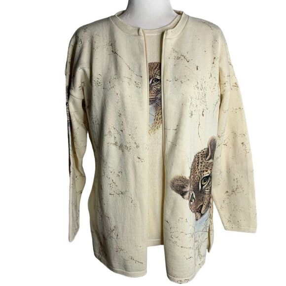 Vintage Leopard Cardigan Silk Top Set M Cream Knit Rhinestone Eyes - Picture 1 of 12